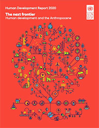 Omslags för rapporten Mänsklig utveckling och antropocen, UNDP:s årliga rapport (2020)